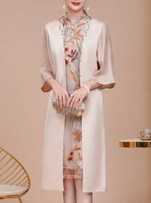 Contrast Embroidered Lace Floral Mesh Flare Sleeve Dress, Stand Collar 3/4 Sleeve Evening Gown 2 In 1, Elegant Mother Of The Bride Dress, Suitable For Wedding/Formal/Occasion/Guest/Engagement/Ceremony/Birthday/Social/Cocktail/Everyday/Vacation/Casual Wear