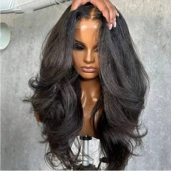 Perruque cheveux noirs ondulée à raie centrale pour femme, cheveux longs et bouclés, en fibre chimique, avec dentelle frontale anti-tissée à la main