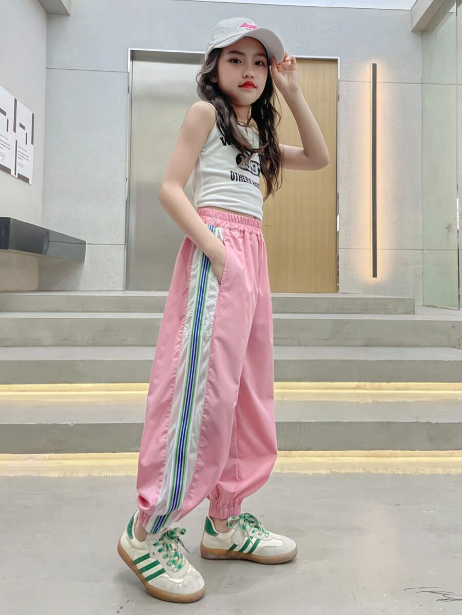 Tween Girl's Casual Contrast Color Striped Drawstring Pants
