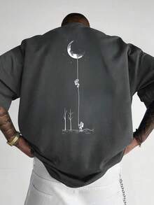 Camiseta de Manga Corta con Estampado Gráfico para Hombre - Top Casual Negro de Cuello Redondo con Ajuste Holgado Hecho de Tela de Poliéster Duradera, Lavable aáquina para Verano al Aire Libre, Motivo de Luna y Árboles |   Ropa ligera - Blanco - Ver 1