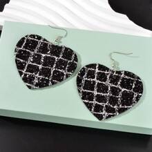 Sequin Decor Women Black Hot Pink PU Leather Heart Drop Party Earrings Stylish Jewelry