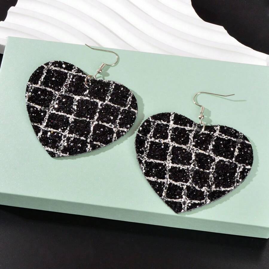 Sequin Decor Women Black Hot Pink PU Leather Heart Drop Party Earrings Stylish Jewelry