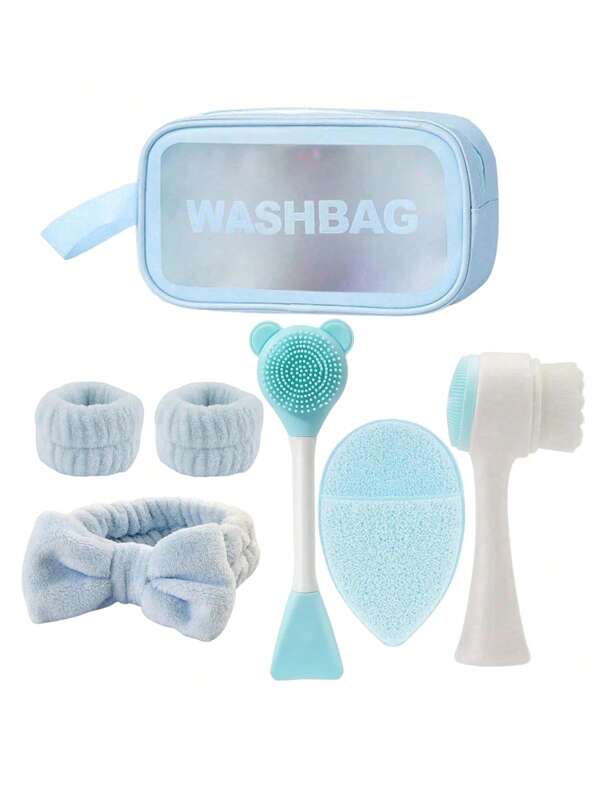 7 pièces Ensemble de nettoyage, brosse de masque SPA de nettoyage en profondeur, serre-tête doux, ensemble de serre-tête, brosse exfoliante douce, brosse faciale double-tête en silicone, outil de soins de la peau portable multifonction (avec sac de lavage), massage du visage et planificateur de beauté quotidienne, facile à transporter pour les voyages, bandeau de soins de la peau, beauté, produits de soins de la peau, spa, auto-soins, outils de soins de la peau, soins du visage, fournitures d'esthéticienne, peau, nettoyant pour le visage, soins du visage