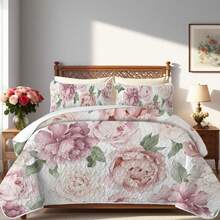 2/3 Pcs Pink Peony Flowers Printed Summer Quilt Set, 100% Microfiber Lightweight Breathable Easy Care Summer Bedding Set, Queen/King Size Bedspread  Set, Coverlet For All Seasons, Beautiful Room Decor - 粉紅色牡丹花 - 查看 1