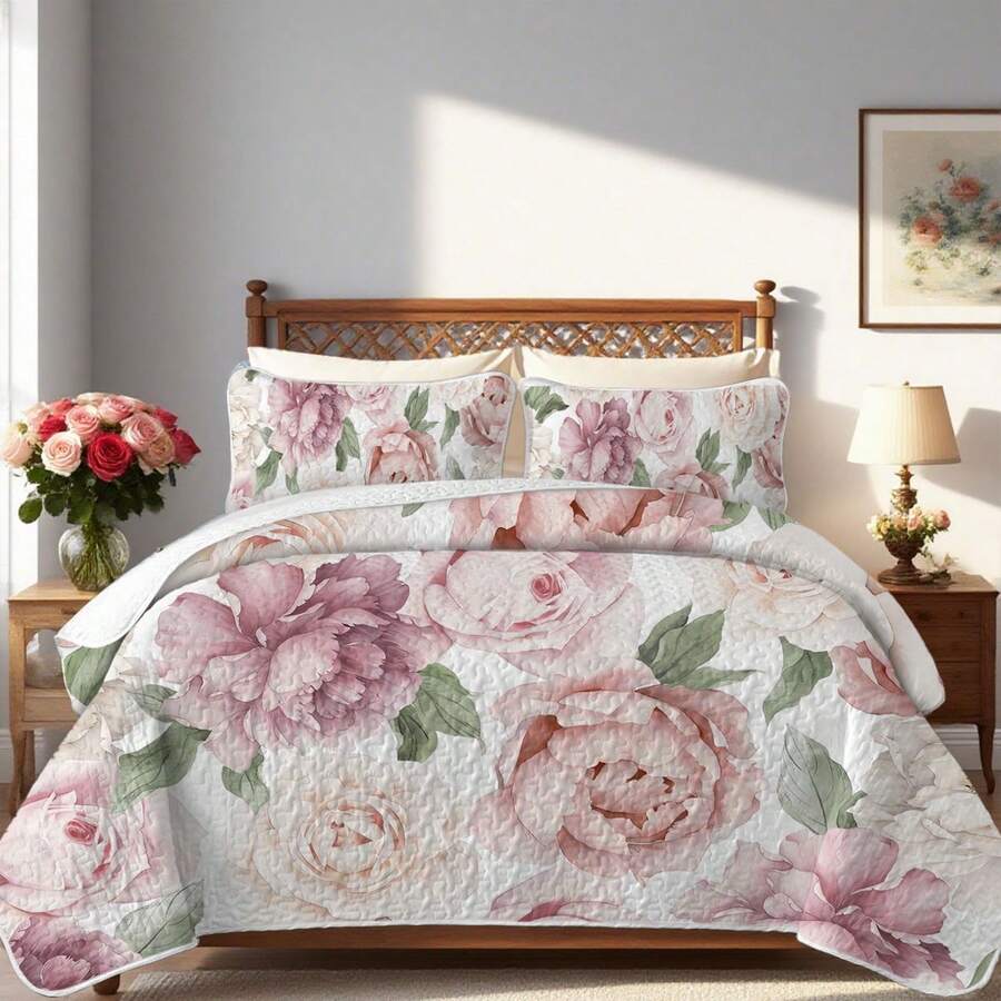 2/3 Pcs Pink Peony Flowers Printed Summer Quilt Set, 100% Microfiber Lightweight Breathable Easy Care Summer Bedding Set, Queen/King Size Bedspread Set, Coverlet For All Seasons, Beautiful Room Decor - 粉紅色牡丹花 - 查看 1
