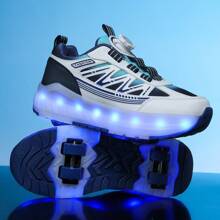 LED Multi-Flashing 4-Wheel Roller Skates, Quick Gliding, Detachable Wheels, Fashion Casual 2-In-1 Roller Shoes, Rotary Buckle Adjustable Loose Fit - Blue - View 10