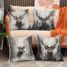 4 Stücke Vintage Hirsch Portrait Kissenbezüge, Polyester Kissenbezüge in verschiedenen Größen, mit verzaubertem Wald Design, Spitzendetails, Reißverschluss, maschinenwaschbar, geeignet für Heim- und Bürodekoration