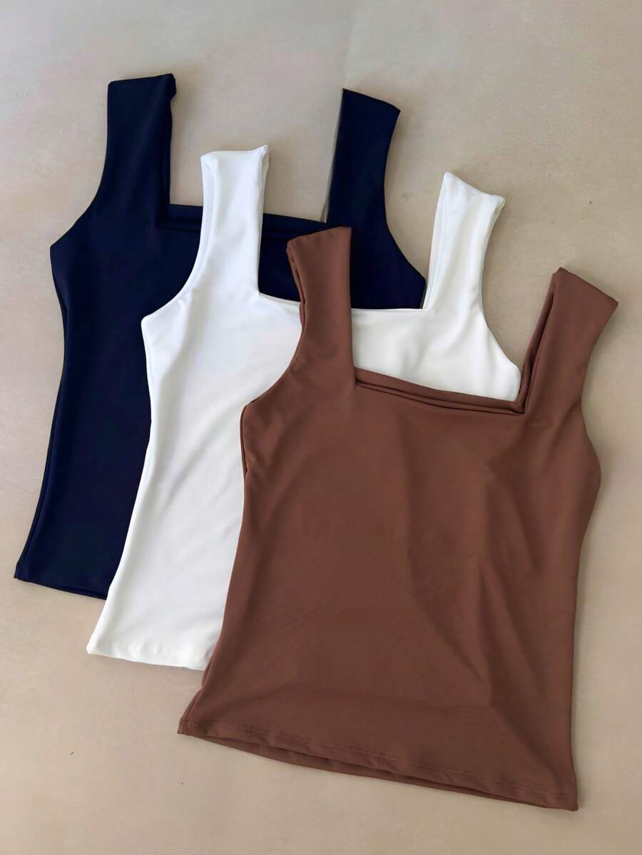 Kit 3 Tank Tops Square Neckline Straight Casual Black White Nude - 黑色 白色 棕色 - 查看 1