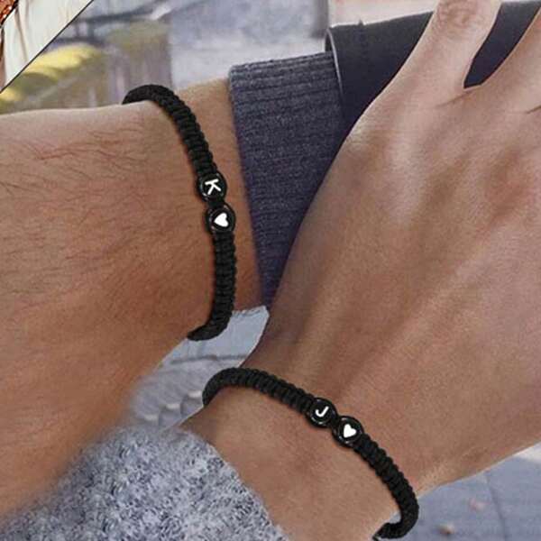 Black Background White Text, Black Drip-Oil Heart-Shaped, Black Jewelry Rope Braided Flat-Knot Bracelet