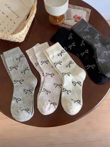 5 أزواج (شحن عشوائي) جوارب نسائية عصرية ، جوارب متوسطة الساق مع زخرفة فيونكة رقيقة ، متعدد الاستخدامات لجميع المواسم