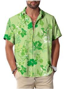 Men's & Women's Hawaiian Shirt - Tropical Palm Tree & Coconut Leaves Print Short Sleeve Button-Up, Soft Breathable Fabric, Machine Washable, Regular Fit Casual Beach Vacation Shirt For Adults, Summer Apparel Buttons Casual Shirts - 綠色 - 查看 3