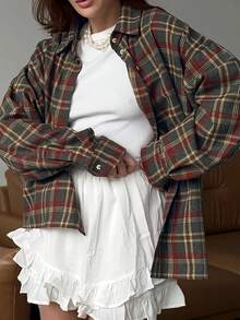 1 szt. poliestrowa kurtka w kratę z kieszenią z przodu, na guziki, do noszenia na co dzień na wiosnę i jesień