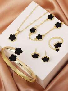 6pcs/Set Women Matching Lucky Flower Decorated Jewelry Set, 1 Pair Earrings, 1 Necklace, 1 Bracelet, 1 Bangle, 1 Ring, Suitable For Daily Wear