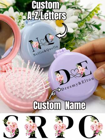 LICVIC Gepersonaliseerde opvouwbare haarkam met spiegel, gepersonaliseerde ontwarrende kam, gepersonaliseerde haarkammen voor vrouwen, aanpasbare luchtkussenkam met namen, reismake-upspiegel, mini, draagbaar, verjaardagscadeaus, schoolspullen, huwelijkscadeaus, Valentijnsdag, huwelijksaccessoires, vriendin, bruidsmeisje, beste vriendin