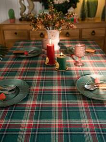 1pc Green Plaid Woven Tablecloth, Vintage American Style With Tassels, Rectangular For Dining Table, Coffee Table, TV Stand, Bedside Cabinet, Suitable For Christmas Holiday Family Gathering Party Decor, Creates Festive Atmosphere - Green - View 10