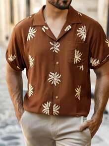 Camisa de manga corta con cuello cubano estampada para hombre, estilo de vacaciones con cuello solapa abotonado, camisa casual madura con estampado de cuello cubano de manga corta, camisa elegante minimalista para oficina y viajes, camisa de manga corta con cuello cubano para playa y casual de verano - Marrón - Ver 1