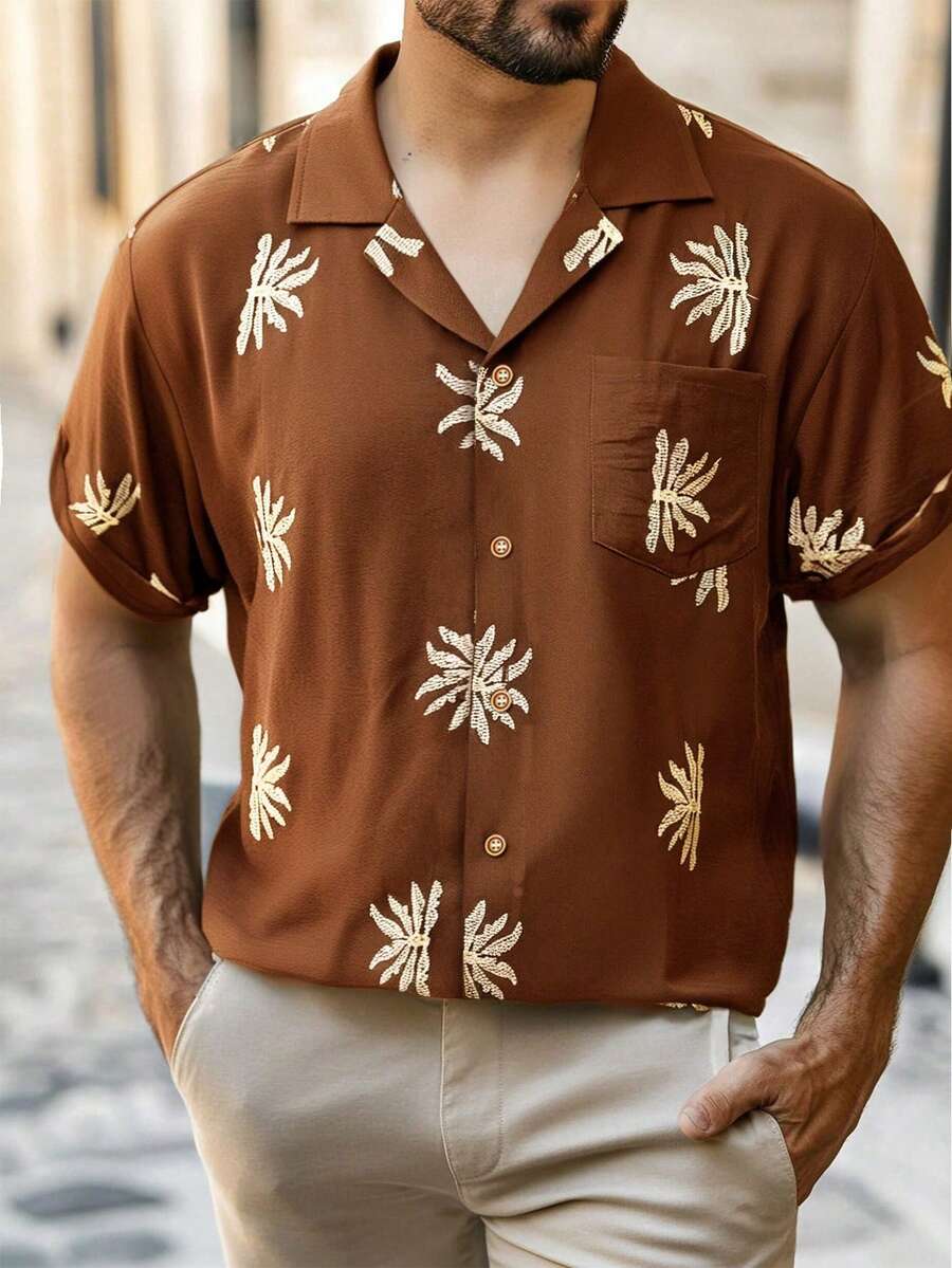 Camisa de manga corta con cuello cubano estampada para hombre, estilo de vacaciones con cuello solapa abotonado, camisa casual madura con estampado de cuello cubano de manga corta, camisa elegante minimalista para oficina y viajes, camisa de manga corta con cuello cubano para playa y casual de verano - Marrón - Ver 1