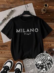 大码女式水钻装饰闪光圆领短袖 T 恤，闪光“意大利米兰”标语闪亮节日派对礼物上衣，适合所有季节