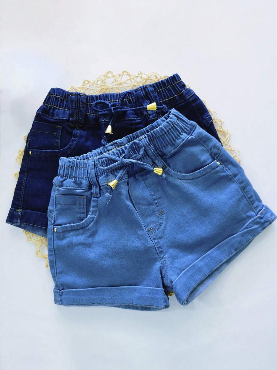 Kit 2 Elastic Jean Shorts For Women And Children Summer Lycra - 中等水洗藍 - 查看 1