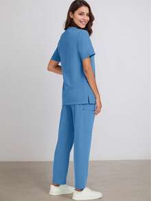 Conjunto de uniforme de uniforme de manga curta e calça de cor sólida - Azul - Ver 2