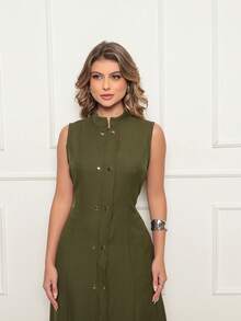 Samara Women's Long Dress With Buttons And Pockets, Elegant Front Opening - 綠色 - 查看 4