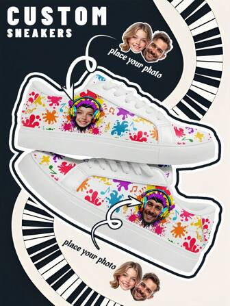 [Muziekfestivalthema] Lage sneakers met aangepaste foto en naam, PU-bovenpaneel, kleurenspatprint, lichtgewicht comfortabel unisex modeontwerp