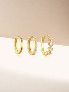 EleRunis 3PCS 925 Sterling Silver Classic Cubic Zirconia Huggie Hoop Earrings Set 18K Gold Plated Cartilage Piercing Earrings Ear Cuff Tiny Studs Fine Jewelry For Women Daily Wear Wedding Valentine's Day (Only 3Singles)