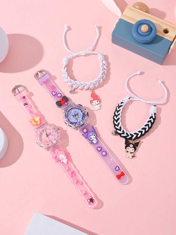 Sanrio Sanrio Dry Battery 2 Pieces Boy And Girl Couple Sister Cartoon Cute Children's Watch With Colorful Light Emitting Flashing Lights, Round Quartz Watch & 2 Sets Of Braided Magnetic Alloy Bracelets Suitable For Wearing And Giving As Gifts