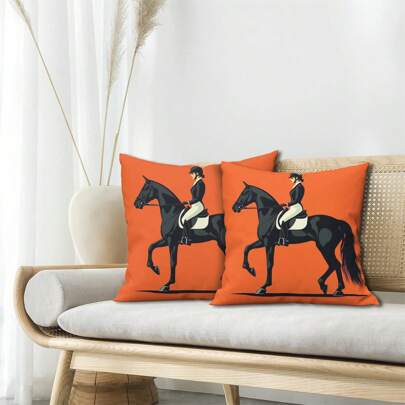 2pcs Fashionable & Comfortable Pillow Covers With Simple Vector Illustration Of Equestrian Rider On Black Horse, Made Of Hypoallergenic Polyester Fabric, Hidden Zipper, No Filling, Suitable For Home Decor, Living Room, Throw Pillow, Cushion Cover, Sofa Decorative Pillow, Home Decor, Pad Cover, Soft Pad.