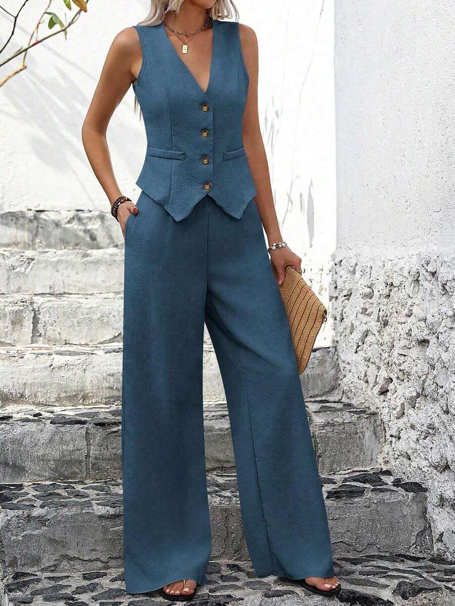 Bộ áo hai dây cổ chữ V cài khuy và quần ống rộng kiểu dáng thường ngày. - Màu xanh lam - Xem 1