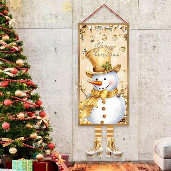 1pc/260pcs Christmas Theme Hanging Flags, Christmas Party Door Hanging Decorations Flags, Golden Christmas Snowman Design Polyester Hanging Flags, Suitable For Christmas Party Indoor And Outdoor Decoration, Living Room Decoration, Christmas Party Restaurant Decoration, Party Atmosphere Decoration, Christmas Promotion, 2025 Christmas