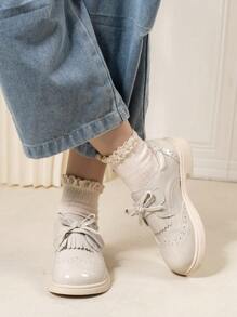 A Pair Of Bow-Decorated Campus Shoes, Thick-Soled Loafers--Go Back To School; Black Shoes; Girls' School Shoes; Girls' Toddler Shoes; Children's Girls' Shoes; Girl's Shoes.