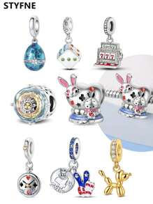 STYFNE 1 件美式闪光串珠太阳、童话时钟、仙境兔子、老虎机串珠吊坠，适合 DIY 手链、珠宝制作、女士礼物 - 彩色 - 查看 10