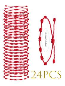 24pcs Adjustable Red Rope Bracelet Set, Handmade 7-Knot Bracelet Classic Stackable Bracelet, Fashion Bracelet Accessories For Couples And Friends, Friendship Bracelet, Couple Bracelet, Red Rope Lucky Bracelet Set, Card Packaging, Suitable For Gift Or Daily Wear