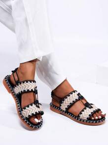 纯色时尚波西米亚风格女式 2025 新款舒适休闲复古沙滩柔软按摩鞋底编织带鞋带金属扣装饰，吸汗透气，适合夏季风格露趾，百搭假日防滑平底凉鞋，加大码，情人节礼物