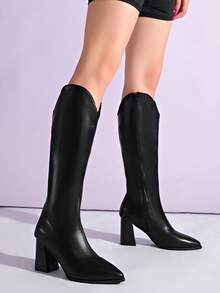 SHEIN ICON 搭配上衣的理想之选，2024秋季新款女士粗跟黑色靴子，V型缺口设计长靴，短款马靴风格，百搭，派对必备 - 黑色 - 查看 7