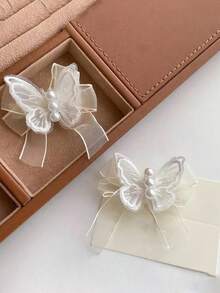 4 件白色网状仿珍珠蝴蝶发夹，甜美浪漫风格发饰，爪夹，发夹，发夹，发夹，发夹 - 彩色 - 查看 5