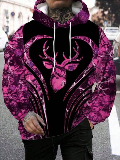 Sudadera casual con capucha, cordón y estampado 3D de renos y hierba para hombres