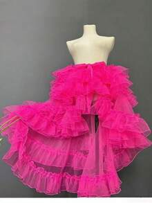 欧美风轻盈闪亮单件式系带三层新娘衬裙，带拖尾，秋季女装，情人节配饰 - 玫瑰紅 - 查看 3