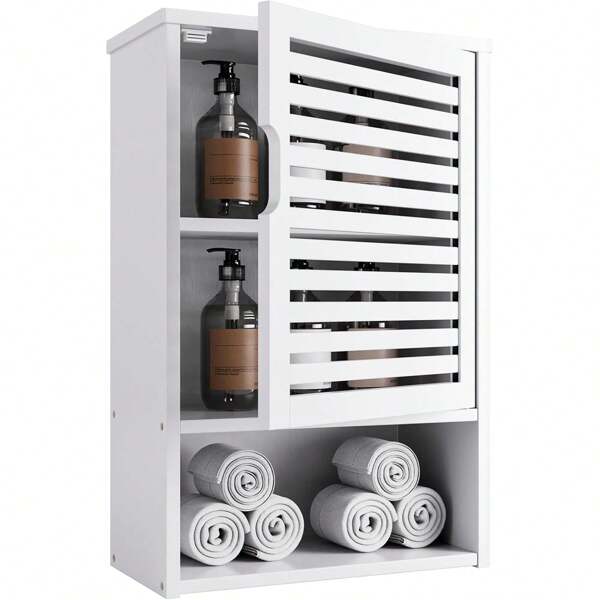 Armoire Murale de Salle de Bain avec Porte, Armoire à Pharmacie en Bambou Peu encombrant au-Dessus des Toilettes, Organisateur de Rangement de Cuisine Suspendu, étagère réglable, Blanc