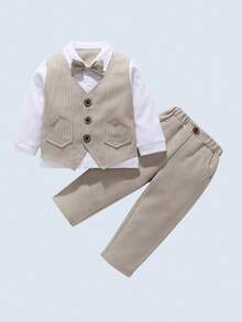 زي رسمي لصبي صغير، قميص مخطط مع ربطة عنق وبنطلون، أناقة وملائم لحفلات عيد الميلاد والسهرات والزفاف والمناسبات الخاصة، قطعتان - كاكي - مشاهدة 4