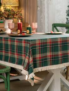 1pc Green Plaid Woven Tablecloth, Vintage American Style With Tassels, Rectangular For Dining Table, Coffee Table, TV Stand, Bedside Cabinet, Suitable For Christmas Holiday Family Gathering Party Decor, Creates Festive Atmosphere - Green - View 9