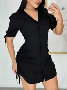 Elegant Black Short Sleeve Shirt With Button And Elastic Waist - Suitable For Casual And Formal Occasions, Casual Wear | Refined Style | Short Sleeve Shirt Summer - Black - View 3