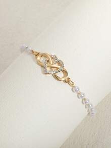 1 pieza Pulsera elegante y de alta gama con corazón y símbolo del infinito de metal con strass y perlas falsas, adecuada para uso diario de mujeres, gran regalo para el Día de Acción de Gracias, San Valentín, amigos