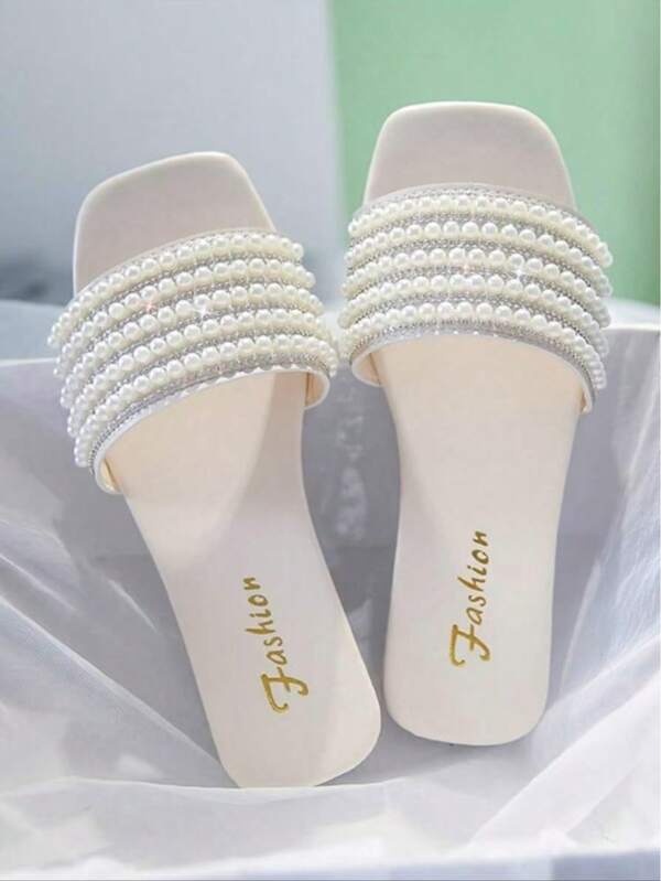 Sandalias planas de dedo cuadrado de unicolor para mujer / Correa con exquisitos adornos de perlas y rhinestones / Fácil de poner y quitar / Elegantes y versátiles para salidas diarias, citas, fiestas, casual y viajes, mules esenciales