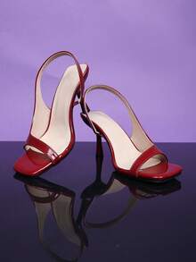 1双红色加大码时尚高跟凉鞋，适合青少年女孩，闪亮镜面PU弹力带方头细高跟优雅坡跟罗马凉鞋，适合日常休闲、派对、旅行、2025春夏款（此款尺码偏大一码） - 紅色 - 查看 3