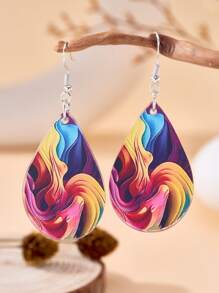 1pair Double-Sided Rainbow Printed Droplet Wooden Hook Earrings For Women, Boho Jewelry, Summer Ladies' Jewelry,Colorful Earrings