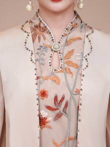 Contrast Embroidered Lace Floral Mesh Flare Sleeve Dress, Stand Collar 3/4 Sleeve Evening Gown 2 In 1, Elegant Mother Of The Bride Dress, Suitable For Wedding/Formal/Occasion/Guest/Engagement/Ceremony/Birthday/Social/Cocktail/Everyday/Vacation/Casual Wear