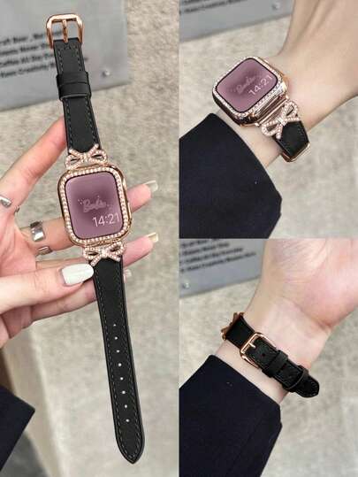 1pc Women's Black Leather Strap With Rhinestone Bow, Fits 38/40/41/44/45/49/42/46mm For Apple Watch S11/SE3/Ultra3/Ultra/SE/SE2/10/9/8/7/6/5/4/3/2/1