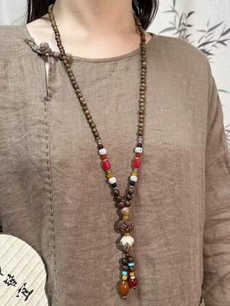 1pc Retro Lotus Nut Pendant Wooden Necklace, Elegant For Women & Men